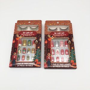 The Glam Gift Faux Lashes & Press-On Nails Set (2) Gold Red Silver NEW Christmas